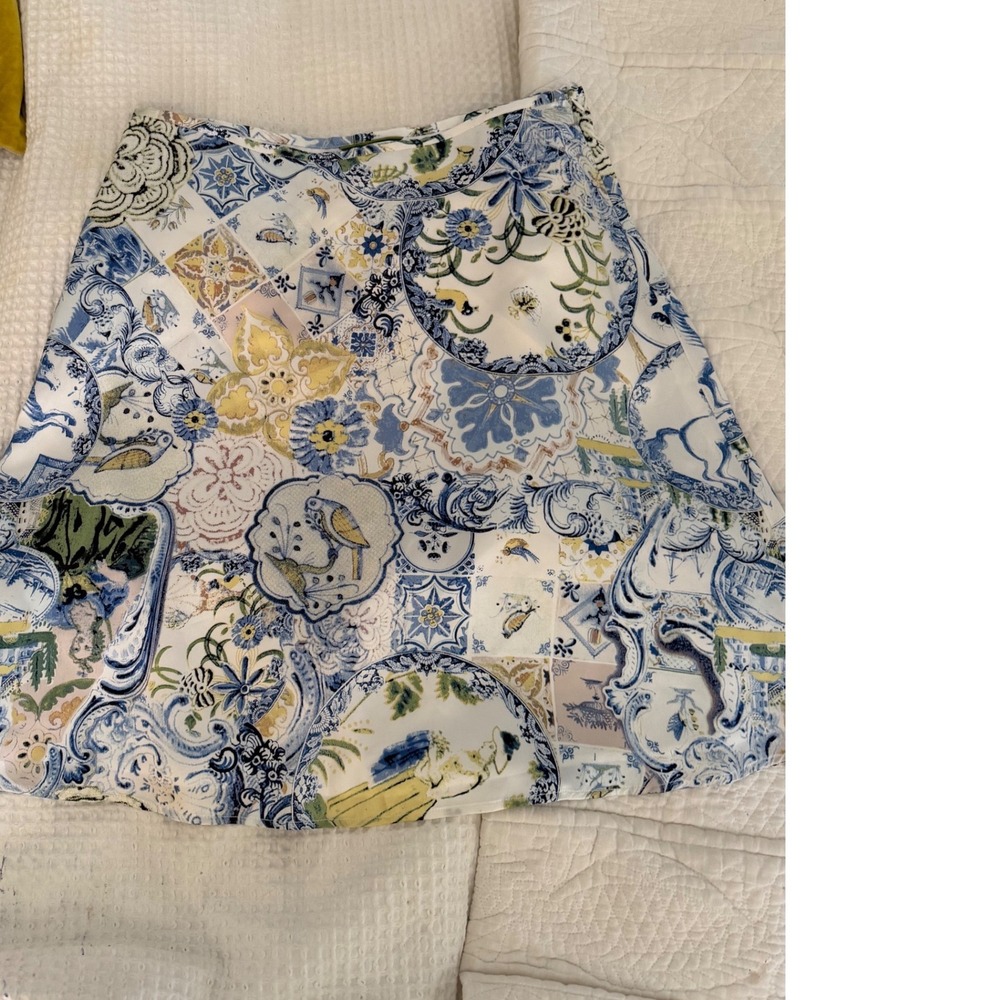 Oilily silk Mediterranean Tile Print A-Line horse birds Skirt Blue Mosaic l2 14